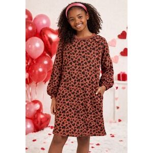 Girls Brown Heart‎ Print Dress Valentine Ready Cozy Winter Style Size 14 Girls